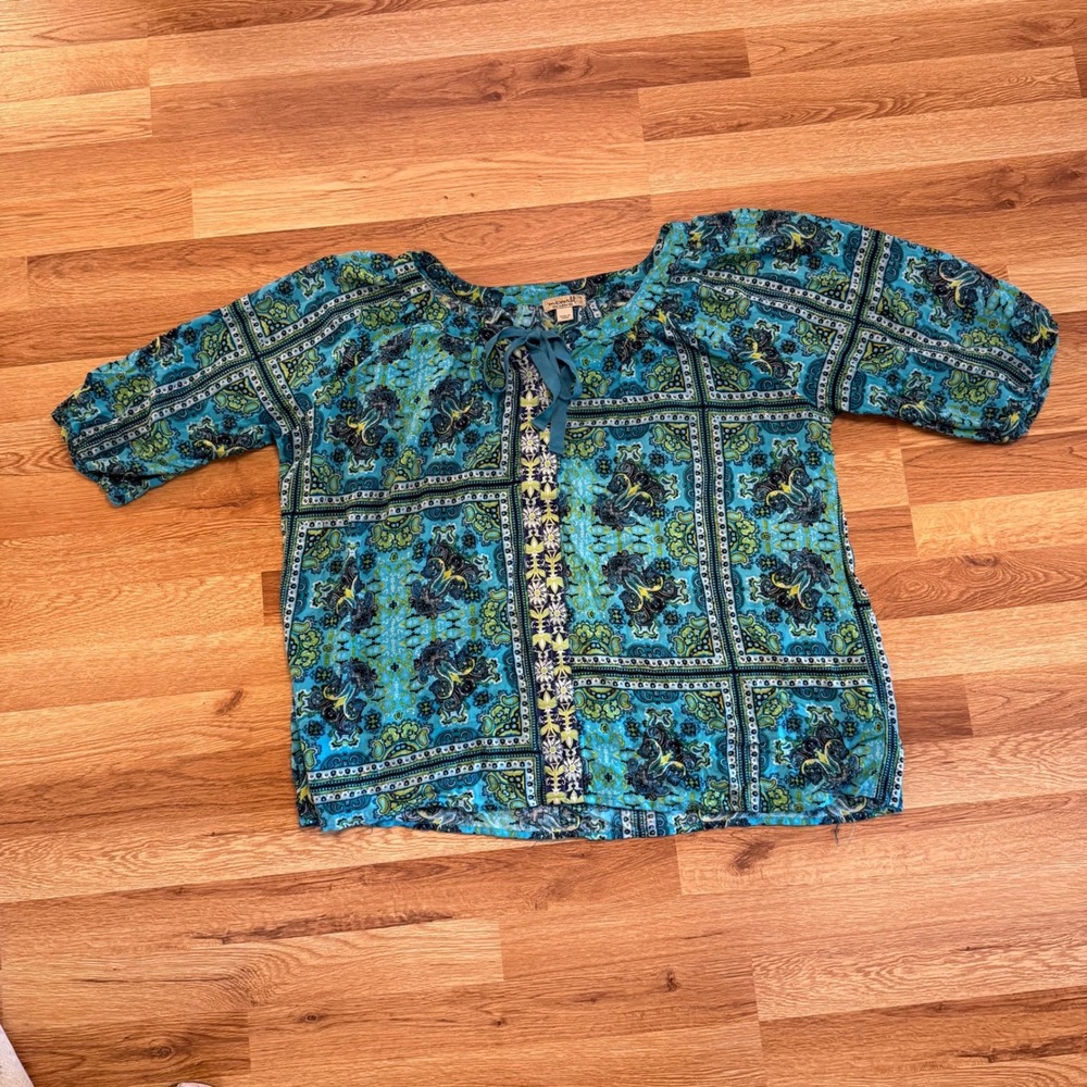 OneWorld 1X Boho Peasant Blouse Blue Green Paisley Festival Top‎ Rayon